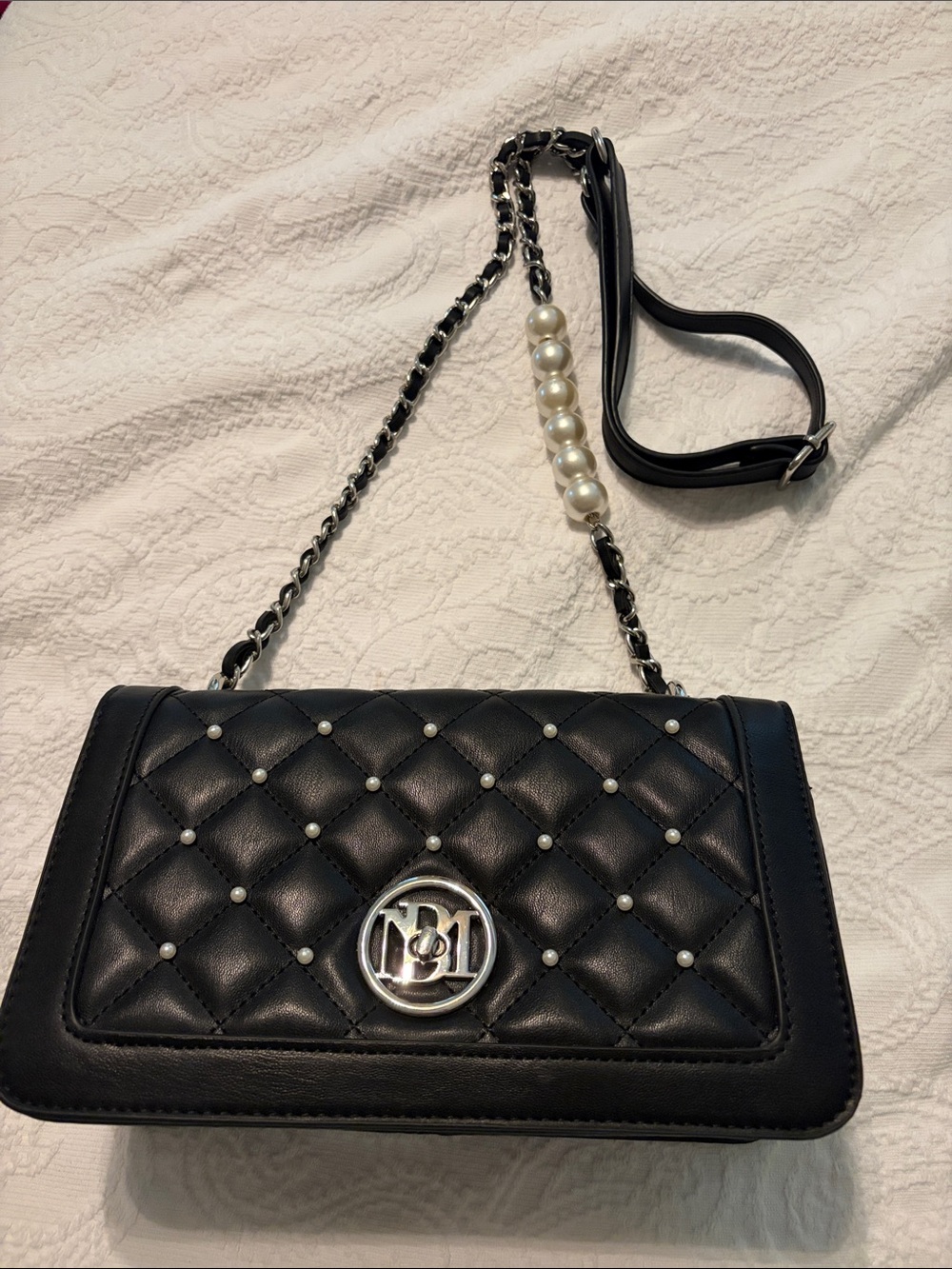 Badgley Mischka Black Quilted Pearl-Accent Crossbody Bag